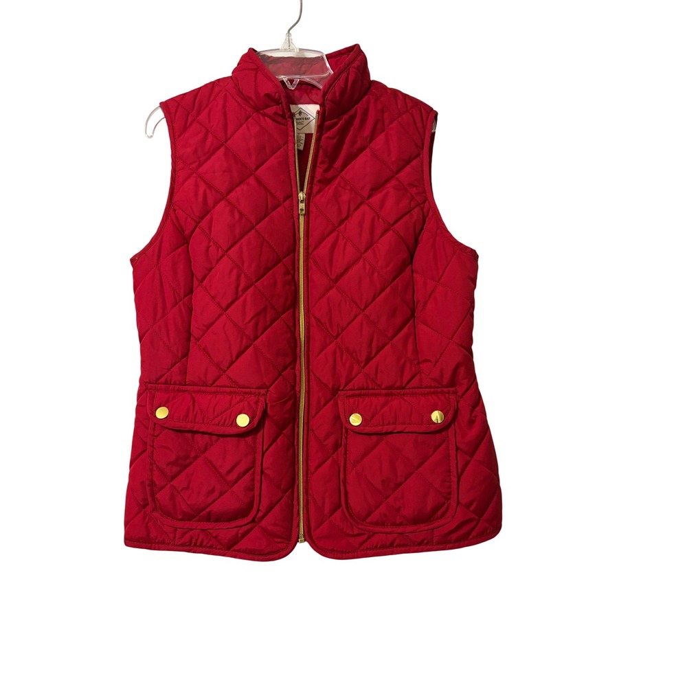 St. Johns Bay Womens Red Quilted Puffer Vest Full Zip Gold Hardware Small Mother